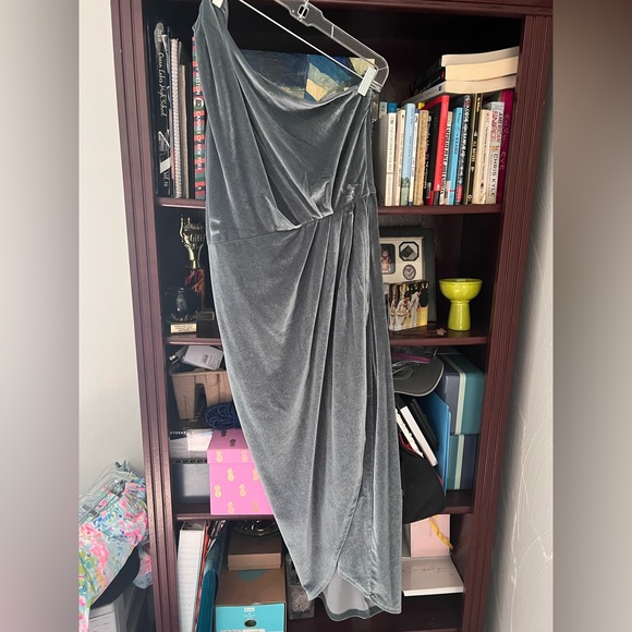 Kourtney Velvet One Shoulder Midi Dress (Dusty Blue) - Picture 1 of 3